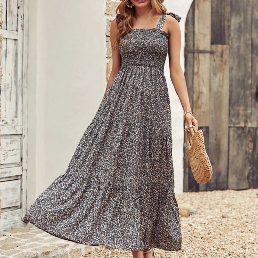 Boho floral tie shoulder shirred ruffle hem dress